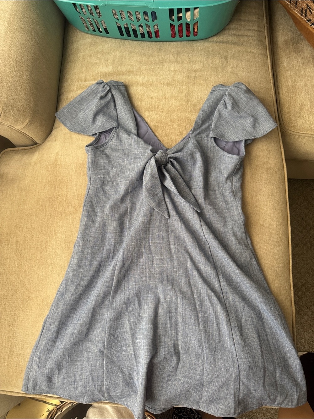 GB Dillard's Blue Chambray Tie Front Flutter Sleeve Dress L